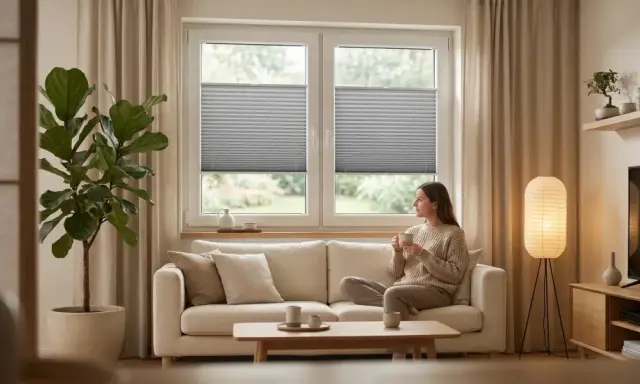 Kobieta pije kawę w salonie w stylu japandi. Jasna sofa, duża roślina i lampa tworzą przytulną atmosferę.