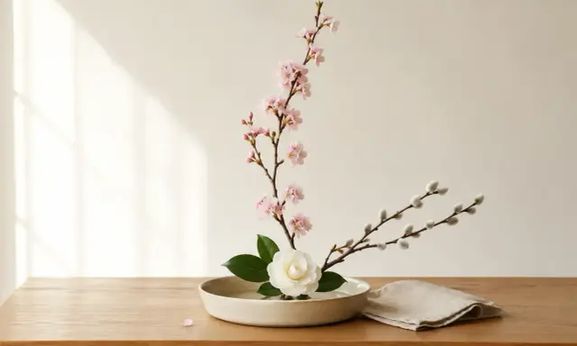 Delikatna ikebana: gałązka kwitnącej wiśni, biała kamelia i bazie w ceramicznej misie. Sztuka układania kwiatów, która uspokaja.
