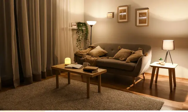 Przytulny salon z kanapą, stolikiem i dywanem. Ciepłe kolory ścian tworzą relaksującą atmosferę.