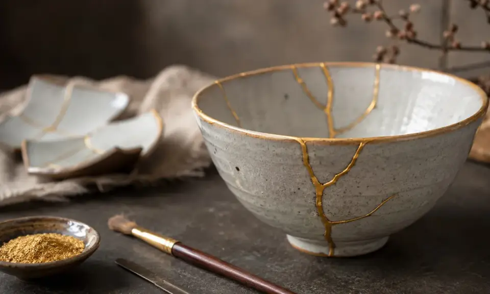 Piękna miska i talerze ozdobione złotymi żyłkami – to japońska sztuka klejenia porcelany, kintsugi.