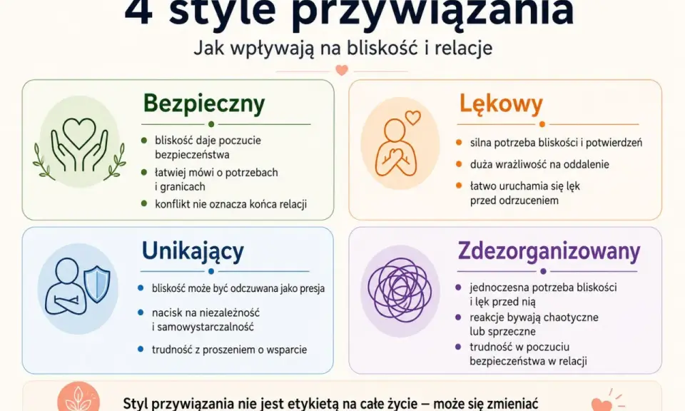 4 style przywiązania: Bezpieczny, Lękowy, Unikający, Zdezorganizowany. Każdy styl wpływa na potrzebę bliskości i relacje.