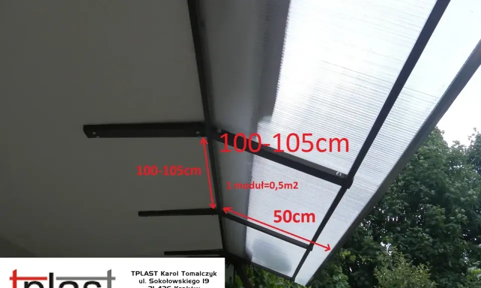 Jak zrobić daszek na balkon? Wymiary konstrukcji: 100-105cm, 50cm. Moduł 0,5m2.