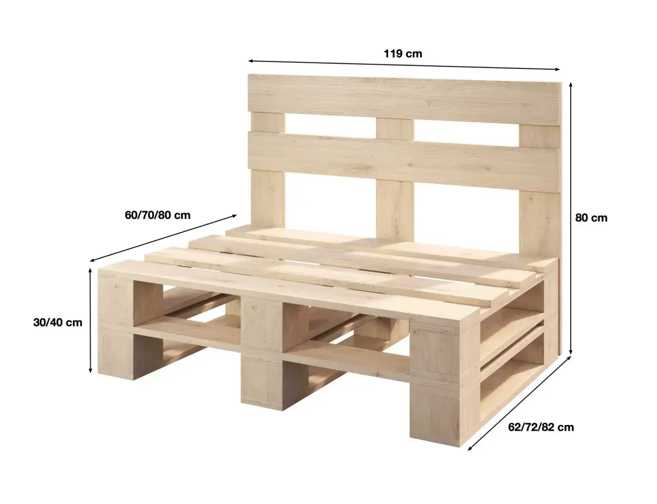 Ławka z palet, gotowa do montażu. Wymiary: 119x80x60-80 cm. Prosty sposób, jak zrobić ławkę z palet.