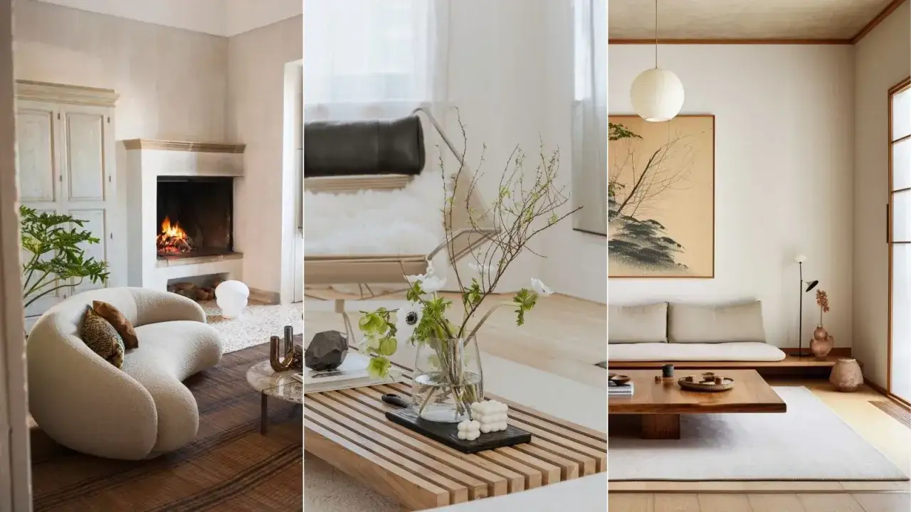 Trzy wnętrza w stylu japandi: przytulny salon z kominkiem, minimalistyczna przestrzeń z fotelem i wazonem z kwiatami, oraz pokój z niską sofą i drewnianym stolikiem.