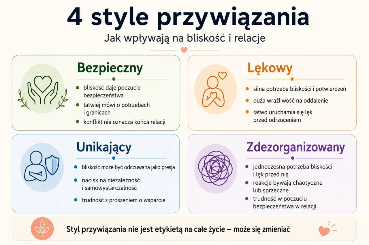 4 style przywiązania: Bezpieczny, Lękowy, Unikający, Zdezorganizowany. Każdy styl wpływa na potrzebę bliskości i relacje.